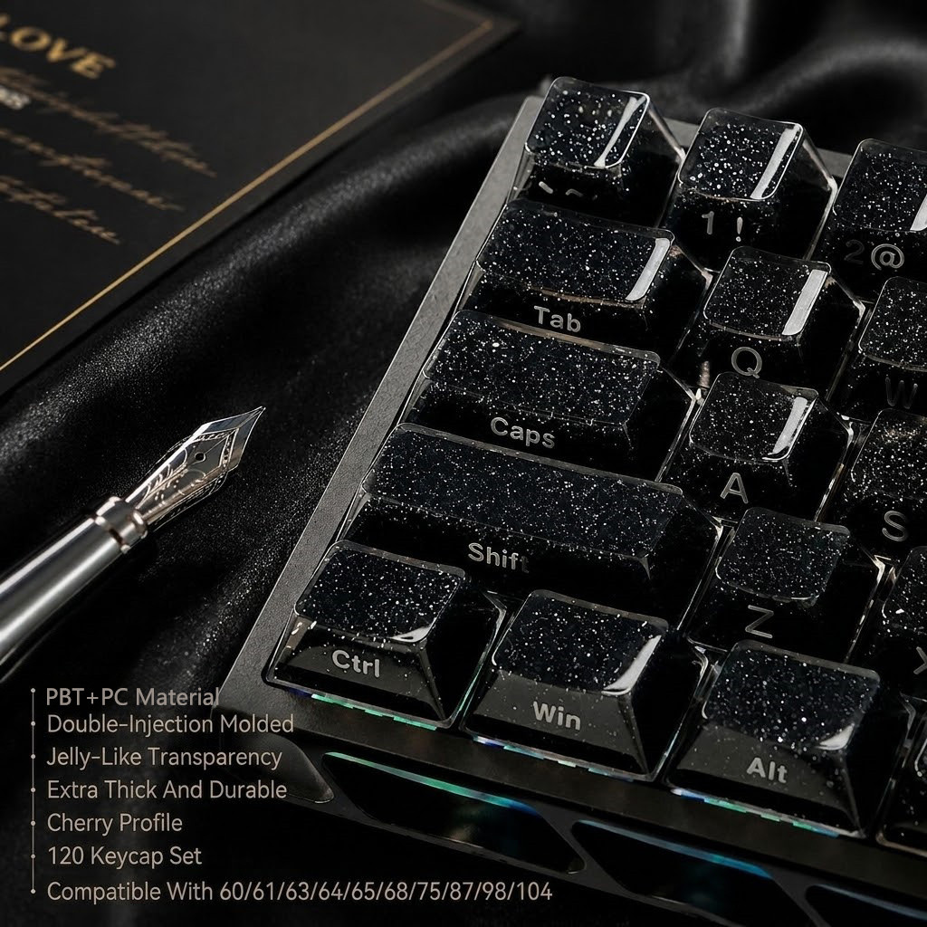 120 Phím Đầy Sao Pha Lê Đen Jelly PBT Keycap Double Shot PC Keycaps Cho Bàn Phím Cơ