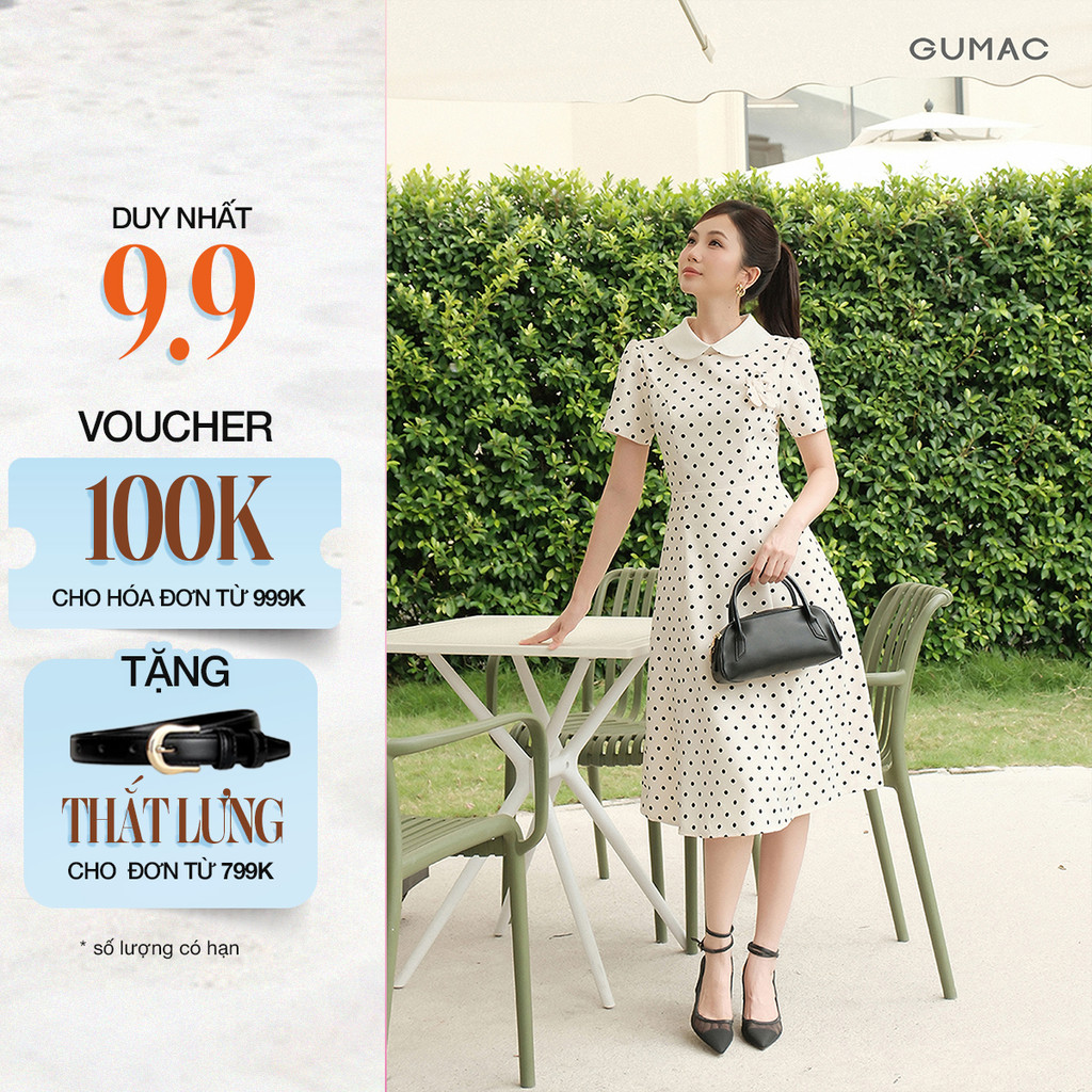 Đầm Nữ GUMAC Form A Cổ Lá Sen Eo Tôn Dáng Có Túi Sườn Tiện Lợi Đính Hoa 3D Thanh Lịch LDG07082