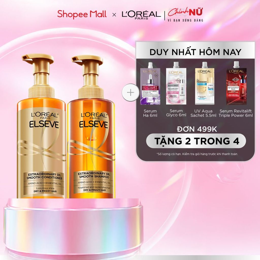 Bộ gội xả dưỡng tóc suôn mượt cao cấp L'Oreal Paris Extraordinary Oil Smooth 440ml x2