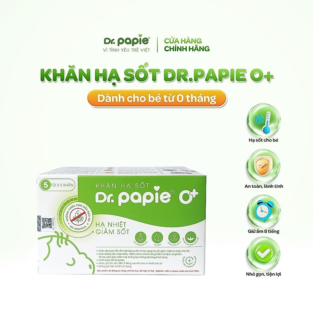 Khăn Hạ Sốt Bé Sơ Sinh Chiết Xuất Thảo Dược Giảm Sốt Chuẩn Nhi Khoa Ngăn Ngừa Co Giật Dr.Papie 0+ (25 khăn/hộp)