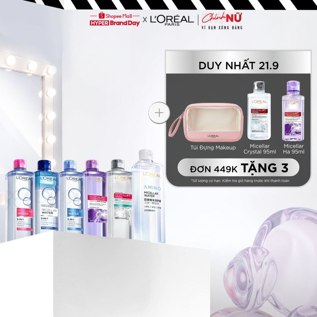[AMINO MICELLAR MỚI] Nước tẩy trang làm sạch sâu, loại bỏ bụi bẩn & trang điểm 3-in-1 L'Oreal Paris Micellar Water 400ml
