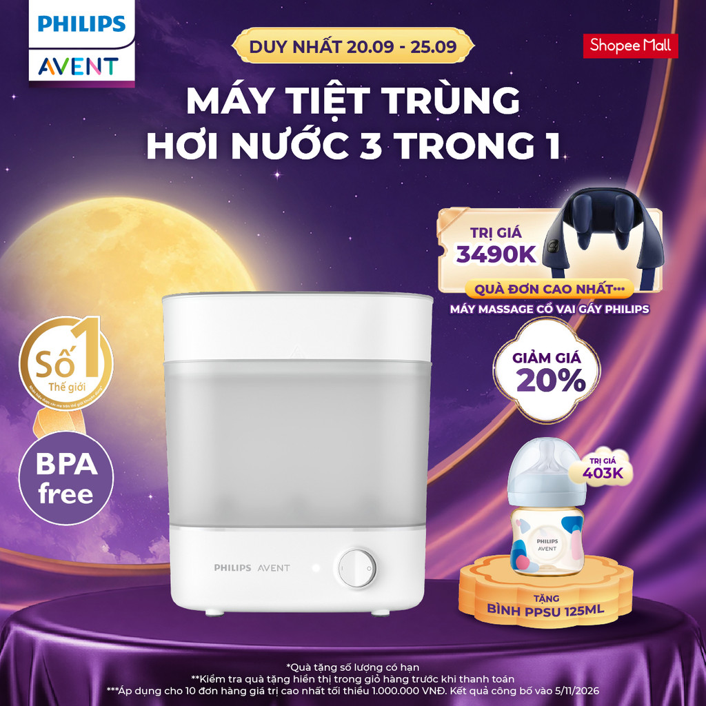 Máy Tiệt Trùng Hơi Nước 3 Trong 1 Philips Avent – Diệt 99.9% Vi Khuẩn, An Toàn Cho Bé