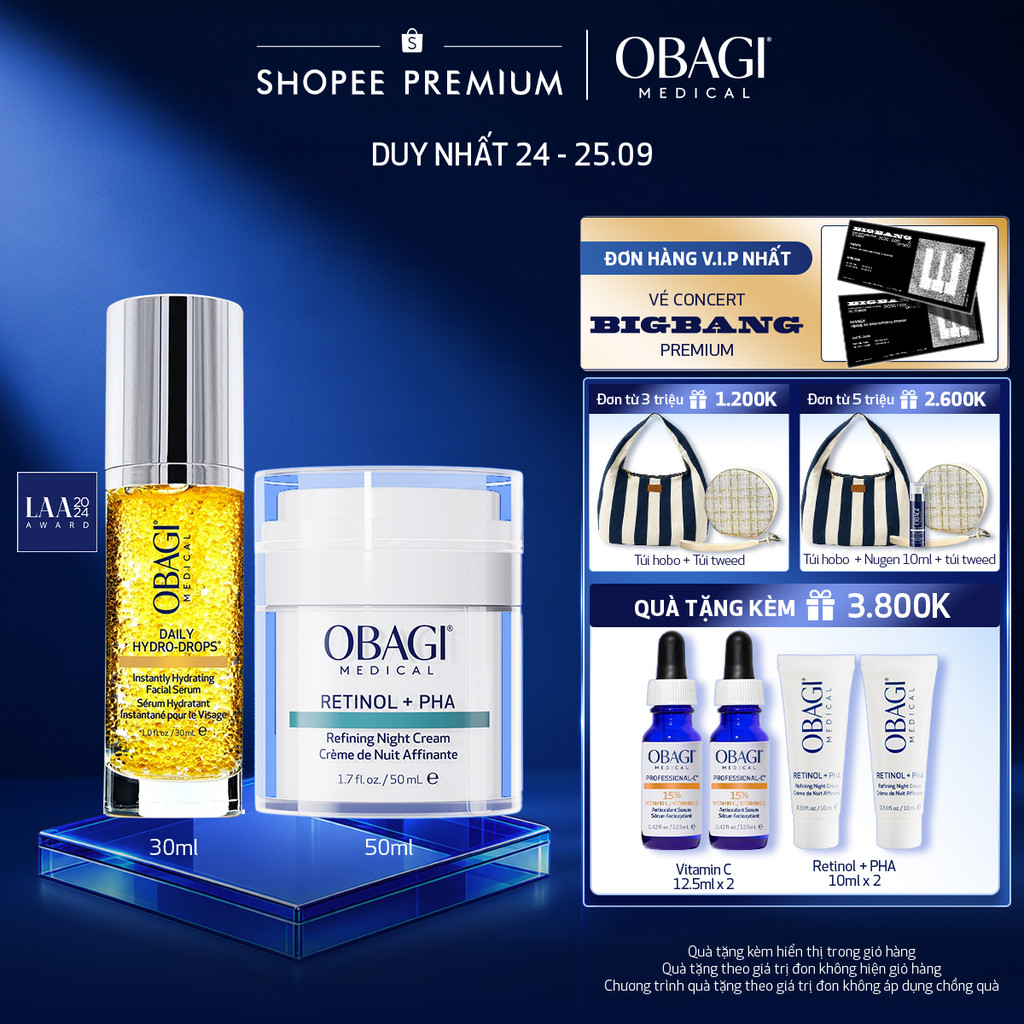 [Voucher SVIP 18%] Bộ đôi Kem Dưỡng Đêm Obagi Retinol + PHA và Serum Dưỡng Ẩm & Làm Dịu Da Obagi Daily Hydro-Drops
