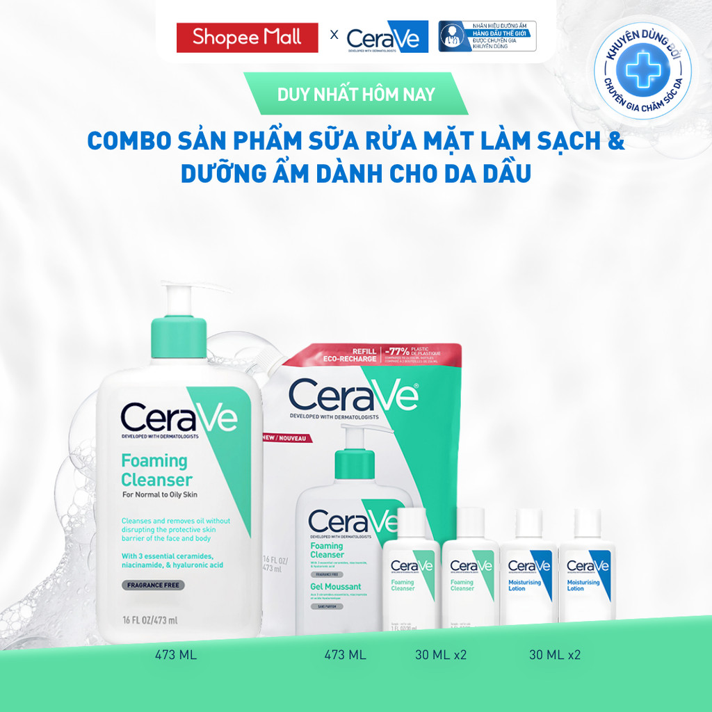 Bộ sản phẩm CeraVe sữa rửa mặt làm sạch & dưỡng ẩm dành cho da dầu Foaming Cleanser&Refill 473ml