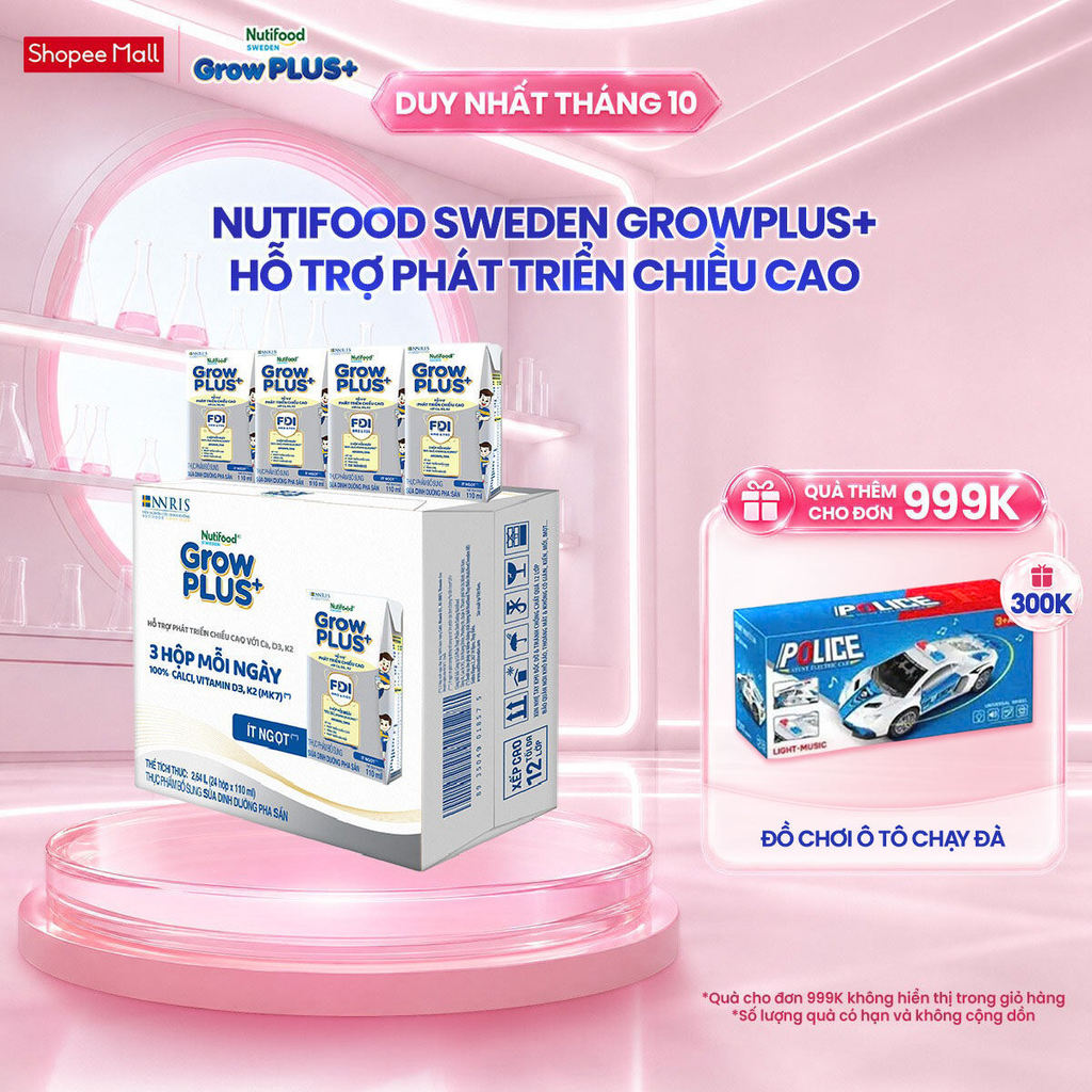 Thùng 24 hộp Sữa Bột Pha Sẵn Nutifood Sweden GrowPLUS+ Cao lớn vượt trội Height hộp 110 ml
