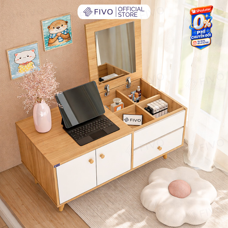 Bàn Trang Điểm Mini Ngồi Bệt Gương Gập Đa Năng FV02 FIVO, Kết Hợp Làm Bàn Học, Hộc Kéo Rộng Rãi, Thiết Kế Không Lộ Vít