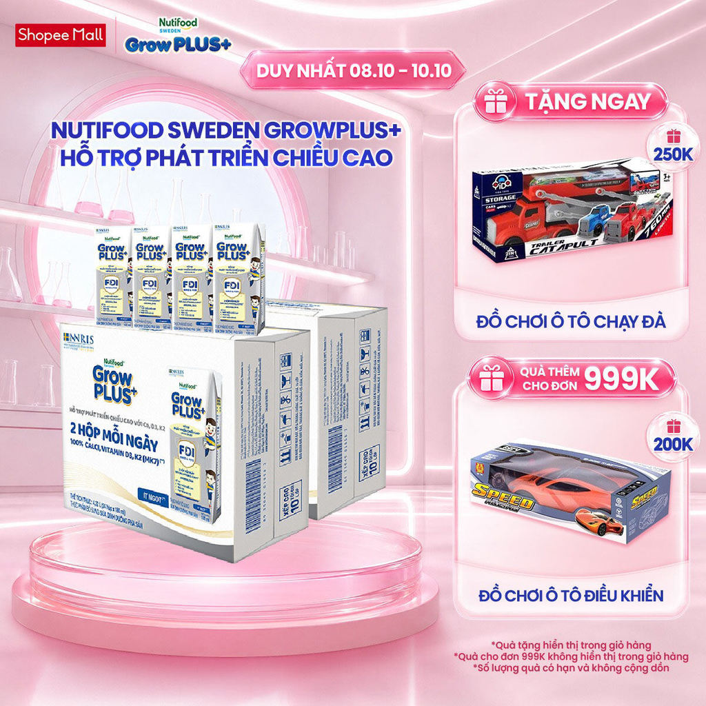 Combo 2 Thùng 24 Hộp Sữa Bột Pha Sẵn Nutifood Sweden GrowPLUS+ Cao lớn vượt trội hộp 180 ml