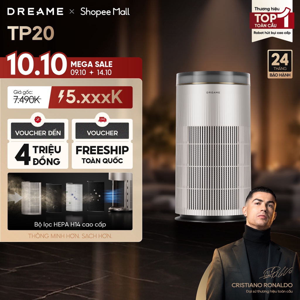 Dreame TP20 Máy lọc không khí & formaldehyde | Màng lọc HEPA H14 Cao Cấp | Tuổi thọ màng lọc đến 5 năm | BH 24 tháng