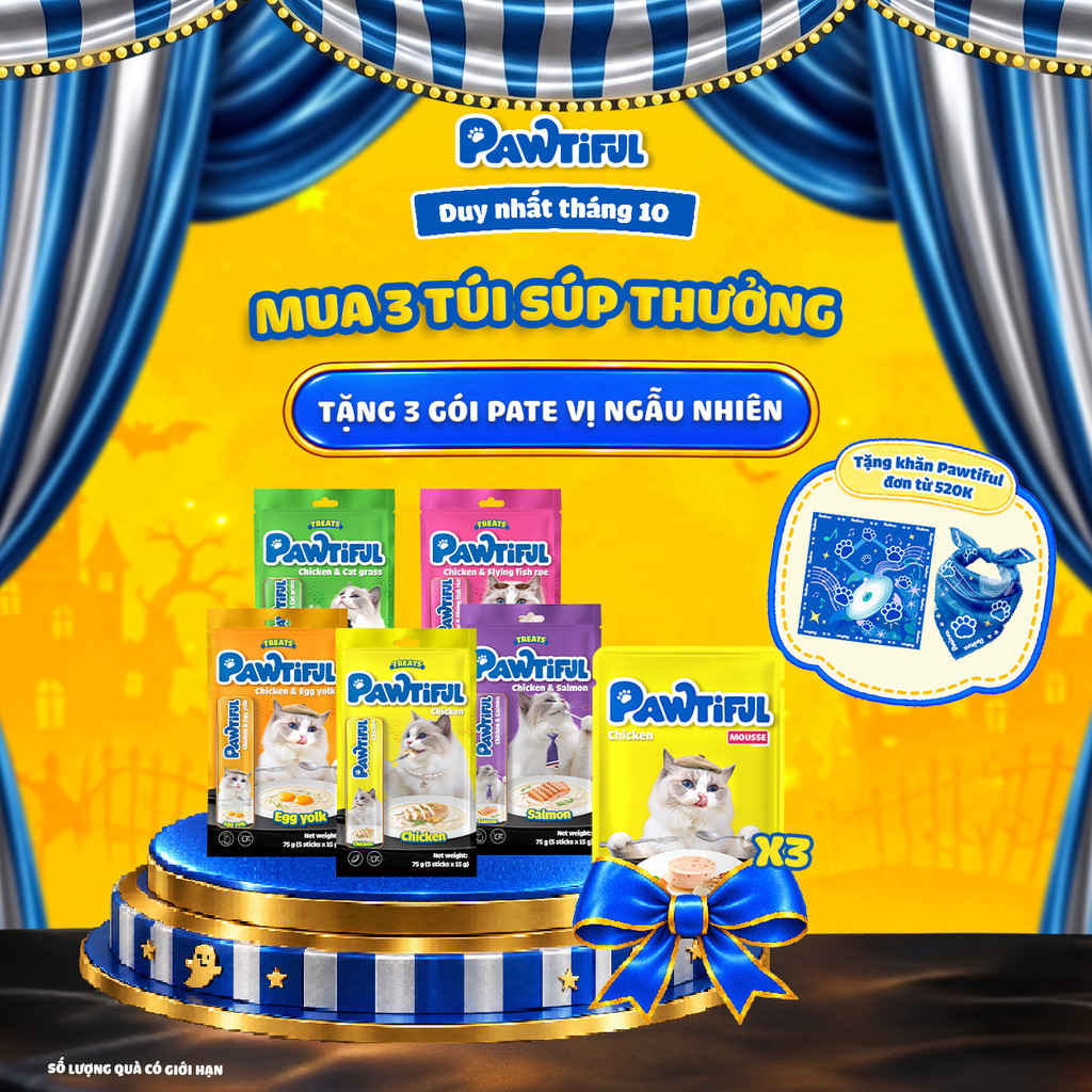 Combo 3 Túi súp thưởng Pawtiful cho Mèo bổ Sung Omega-3, DHA & Vitamin, hỗ trợ lông bóng mượt | 15 Thanh x15g