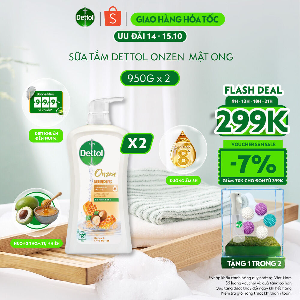 Combo 2 sữa tắm Dettol Onzen mật ong kháng khuẩn dưỡng thể 950g