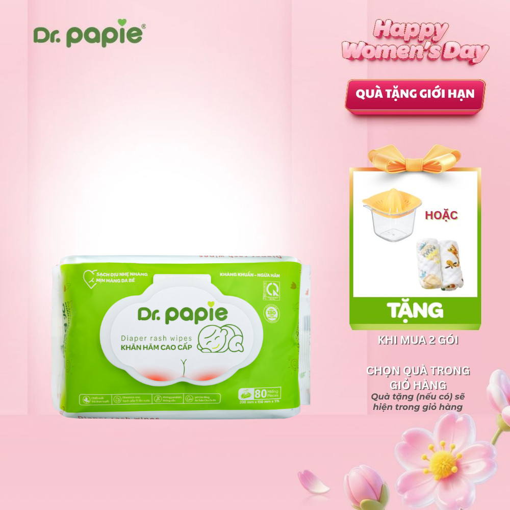 Khăn Hăm Giảm Hăm Phục Hồi Làm Lành Da Hăm Dr.Papie Hương Trà Trắng Khử Mùi Lành Tính (80 khăn/bịch)