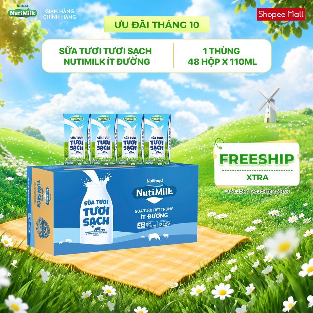 Thùng 48 Hộp Sữa Tươi Tươi Sạch NutiMilk 110ml/hộp Ít Đường