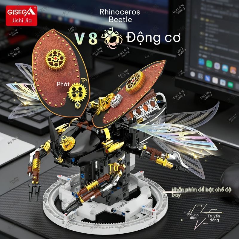 Bộ đồ chơi lắp ráp côn trùng cơ khí chạy điện có động cơ, mô hình bọ cánh cứng Sừng Tê Giác Sega,độ khó cao, kèm hộp quà