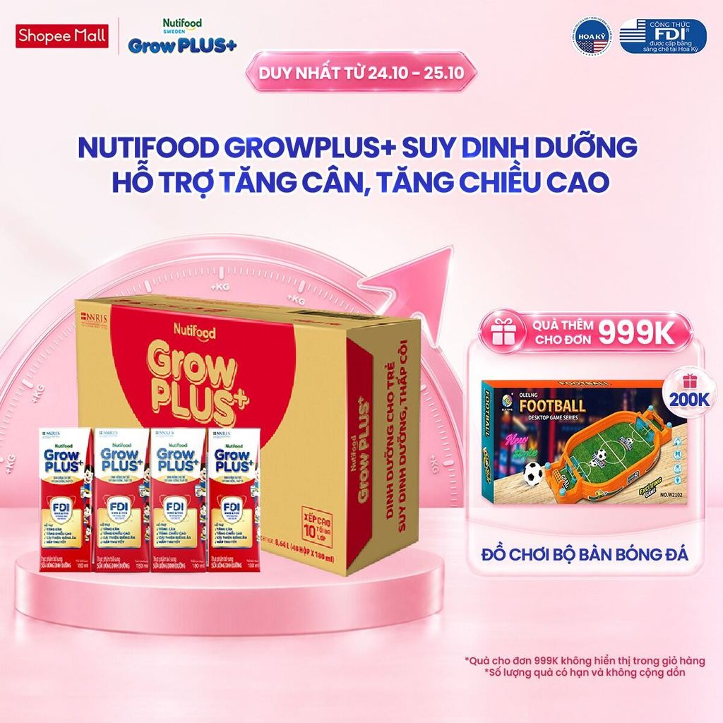 Thùng SBPS Nutifood GrowPLUS+ Đỏ (Suy Dinh Dưỡng) - Tăng Cân, Tăng Chiều Cao (48 Hộp x 180ml) (Bao bì tùy lô hàng)