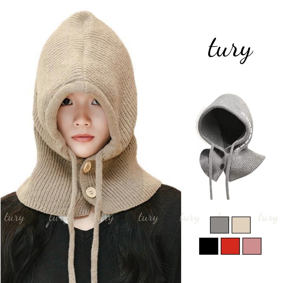 Mũ Len Giữ Ấm Unisex Nam Nữ - Tury - Mũ Len Trơn Chùm Cổ Có Nút Phối Dây Cột - NL080