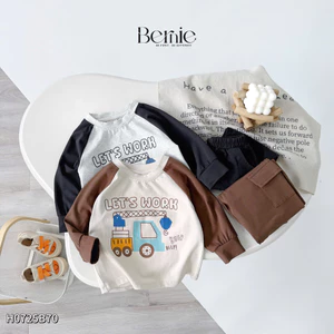 Bộ cotton dài tay Bernie in ô tô Let's Word thiết kế tay áo Raglan phối màu cho bé trai 9-28kg