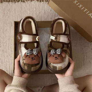 XIXITIAO Mary Jane Giày Cotton Đế Dày Thoải Mái Nữ Dễ Thương Gấu Mùa Đông Lông Cừu Lót Bên Ngoài Mặc