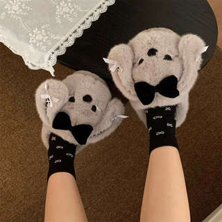 XIXITIAO Dép Cotton Nơ Thỏ Giữ Ấm Nữ Mùa Đông Nhà Đế Mềm Thoải Mái