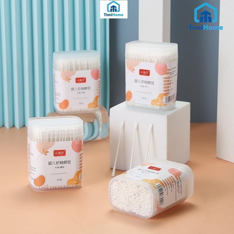 Combo 3 Hộp 200 Que Tăm Bông Ngoáy Tai Sơ Sinh Cao Cấp Đầu Xoắn Sợi Bông Tự Nhiên Nội Địa Trung