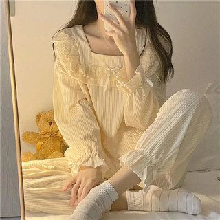Đồ ngủ ren nữ xuân thu, công chúa, cổ rời tay dài, chất liệu sữa lụa có họa tiết, phù hợp cho cả nhà