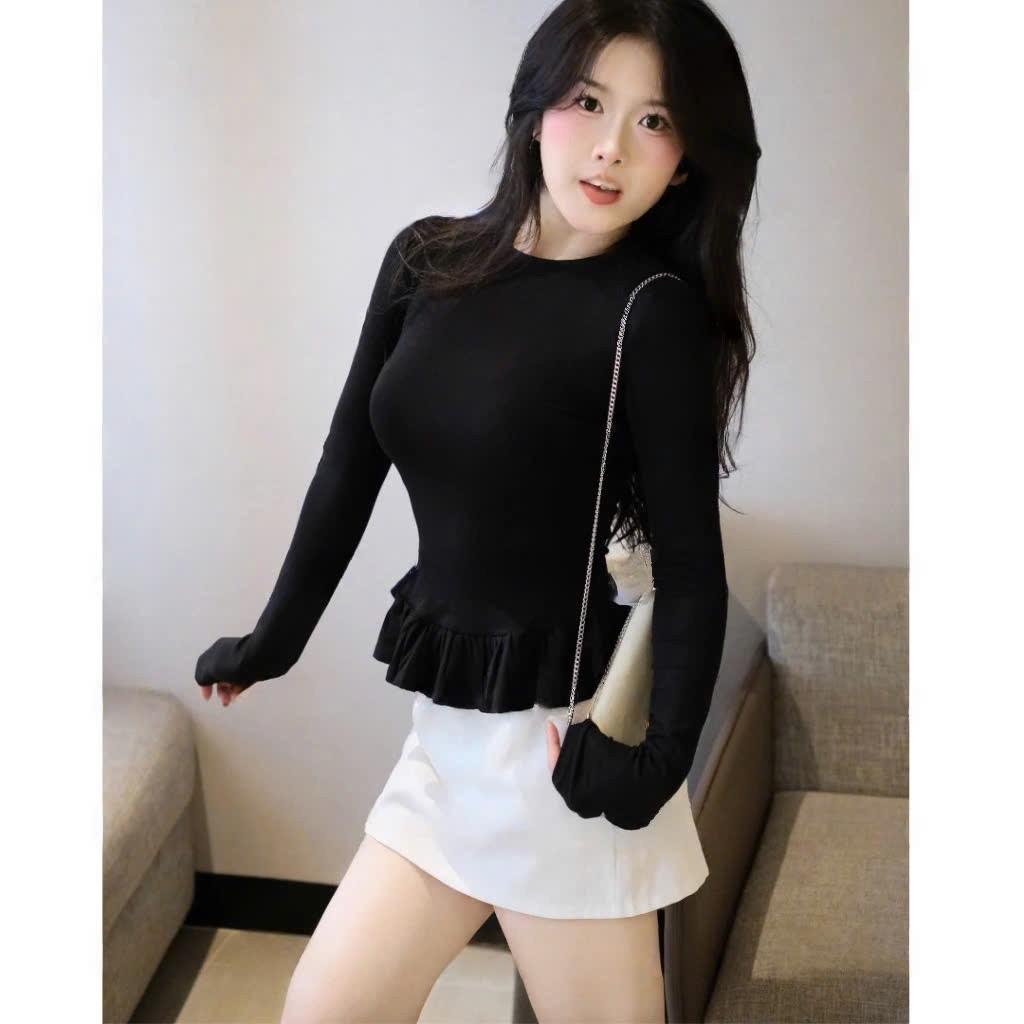 Áo Thun Dài Tay Nữ Ôm Body Phối Viền Bèo Xinh cotton lông mịn MA2509