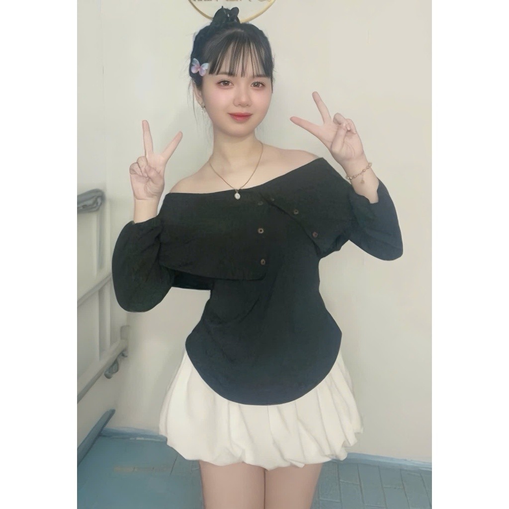 Set áo hở vai phối nút thun tăm kèm chân váy bí  Bs059 vải dày dặn size 45-90kg- Em Xinh Bigsize