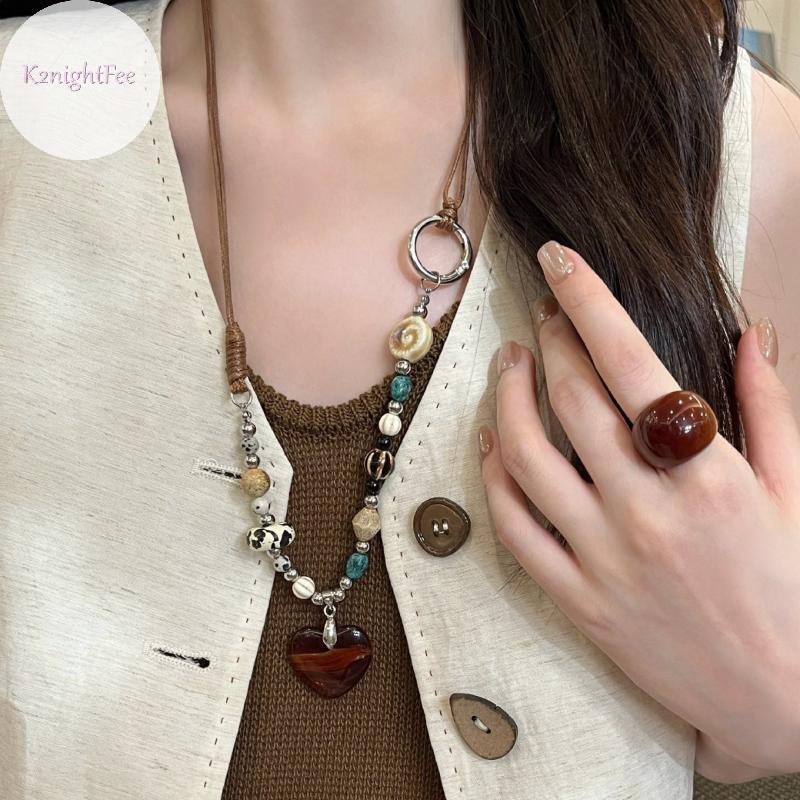 K2nightFee Phong Cách Dân Tộc Handmade Vòng Cổ Gốm Cho Nữ Áo Len Dây Xích Có Thể Điều Chỉnh Trái Tim Mặt Dây Chuyền Đính Hạt Vòng Cổ Trang Sức VN