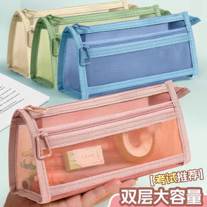 Gạc trong suốt hai lớp Hộp đựng bút chì dung lượng lớn Thi chuyên dụng Gạc mới Đơn giản hai lớp Lưu trữ bút chì có giá trị cao QP