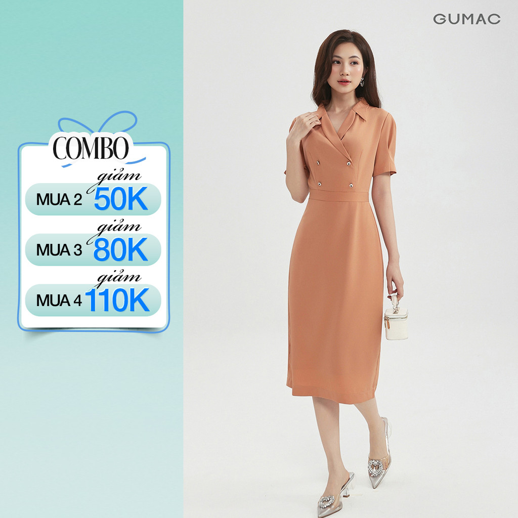 Đầm Công Sở GUMAC Dáng Bút Chì Cổ Vest Cách Điệu Thanh Lịch Sang Trọng LDG0305