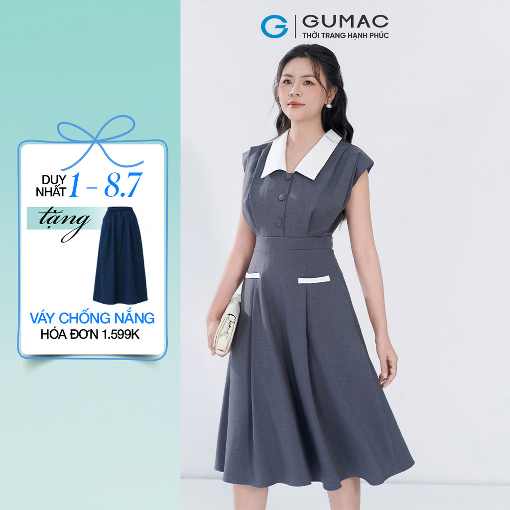Đầm nữ GUMAC A cổ V phối trắng xếp ly 2 lớp vải bố linen dày dặn thanh lịch  DF05054