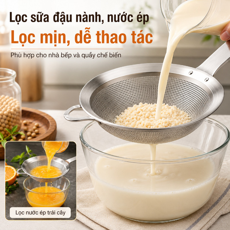 Rây Lọc Inox 304 Cao Cấp Loại Dày -Lỗ Lưới Nhỏ, lọc bột, Lọc Cua, Vớt Bọt Lẩu, Tách Dầu Mỡ, Muôi Thủng, Dễ Vệ Sinh