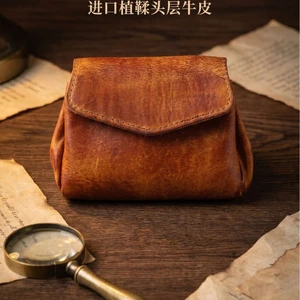 Ví đựng tiền xu da bò lớp 1 66798|Túi đựng thẻ màu xếp li cổ điển|Ví đựng tiền xu dung lượng lớn|Chỉ may di động Hàng da nhỏ di động