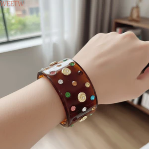 Vòng tay vỏ WEETW, Vòng tay kim cương giả đi biển bằng nhựa Chunky, Vòng tay mở phóng đại hình chữ C đầy màu sắc hình học Phong cách Y2k