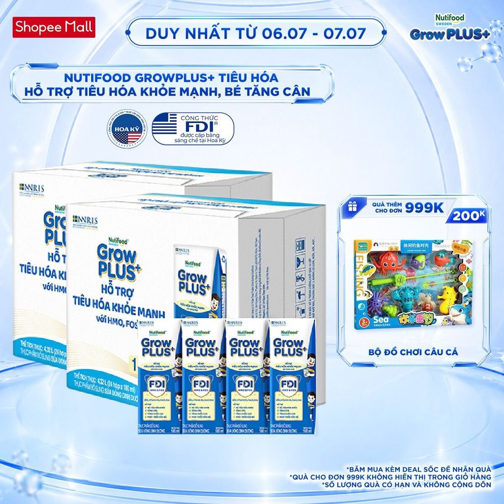 Combo 2 Thùng 24 hộp Sữa bột pha sẵn Nutifood Sweden GrowPLUS+ Tiêu Hóa (Xanh Nhạt) 1+ - Tiêu hóa khỏe, tăng cân 180ml