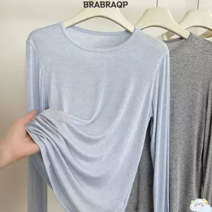 Áo dài tay BRARAA, Áo thun co giãn mỏng vừa vặn, Áo cổ chữ O thông thường màu trơn thời trang mùa xuân mùa hè dành cho nữ