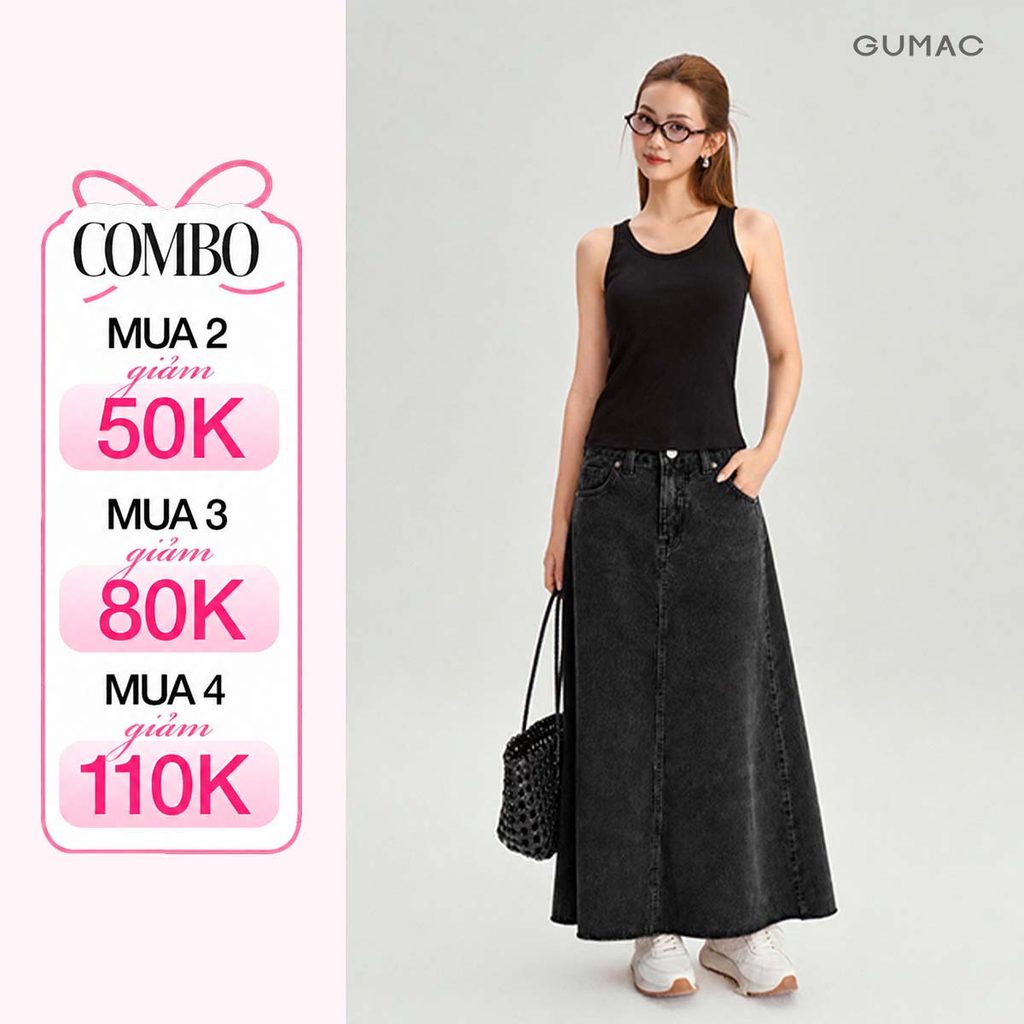 Chân Váy Jeans Dài Nữ GUMAC Form A Xòe Wash Xanh Nhạt Cạp Cao Lai Cắt Casual Dễ Phối Đồ YVJG03036