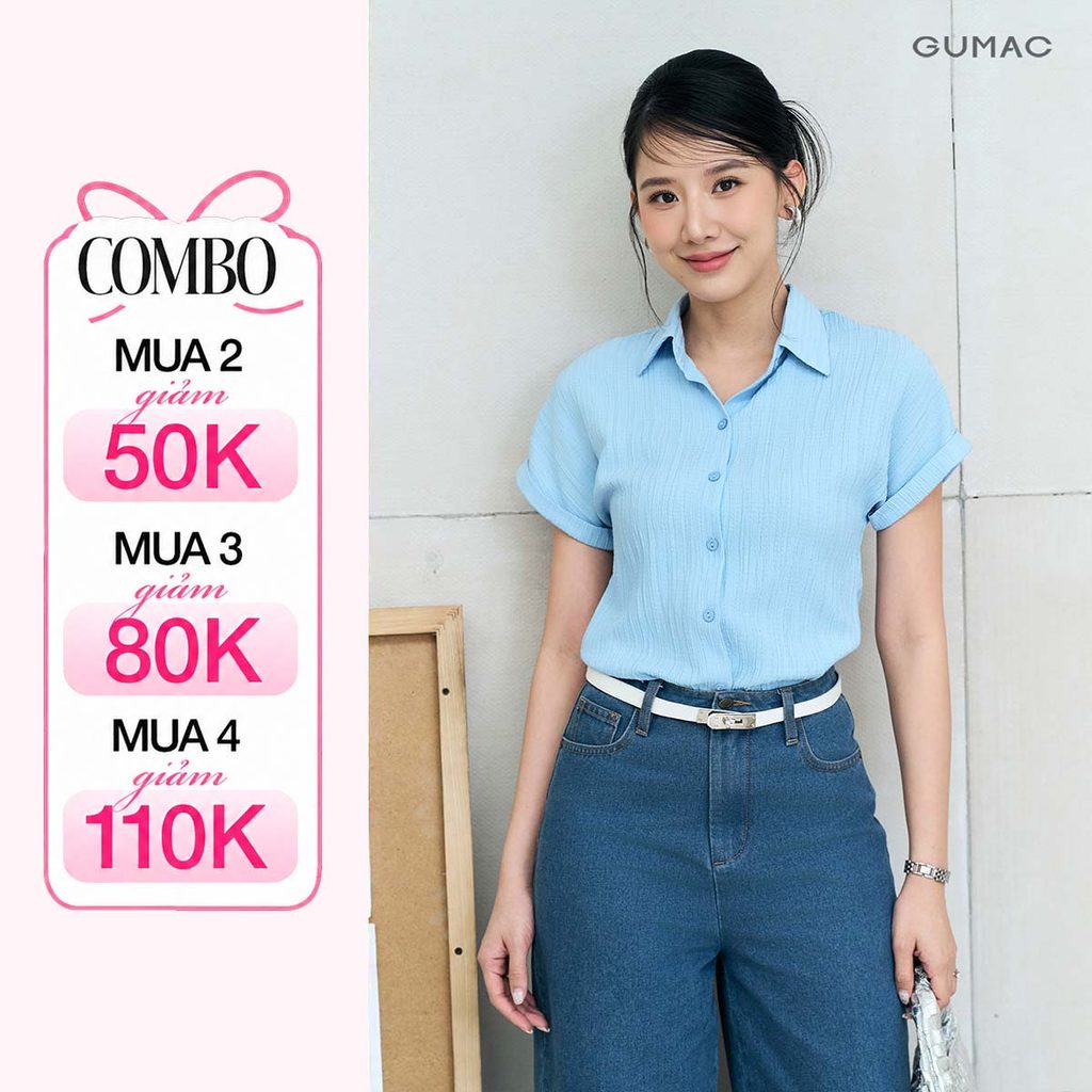 Áo Sơ Mi Nữ GUMAC Form Suông Tay Ngắn Lật Lai Vải Lụa Xốp Mềm Mát Phối Nút Đồng Màu LAE1032