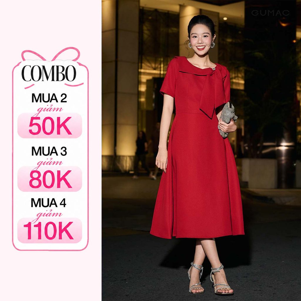 Đầm Nữ Dáng A Xòe GUMAC Không Túi Phối Nơ Cách Điệu Sang Trọng DF12005
