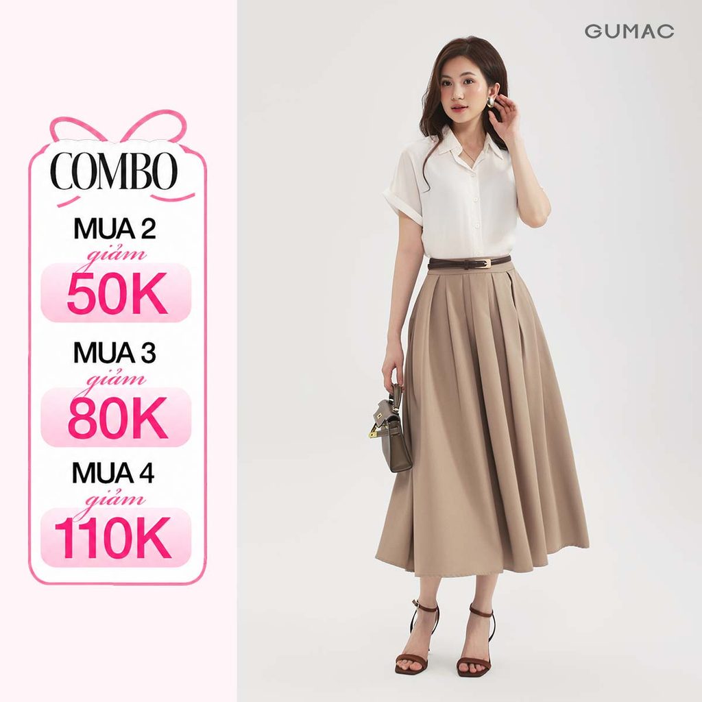 Chân Váy Dáng A Xếp Ly GUMAC Form Dài 1 Lớp Có Dây Khóa Kéo Kèm Túi Sườn LVE1001