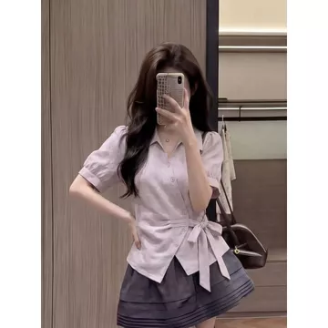 2026 Áo sơ mi nữ phong cách mới Áo xù nữ (Thích hợp để mặc công sở) Áo sơ mi mùa hè Áo sơ mi phong cách trưởng thành nhẹ Áo sơ mi phong cách đơn giản Áo sơ mi màu tím Áo sơ mi ve áo Áo sơ mi ngắn tay