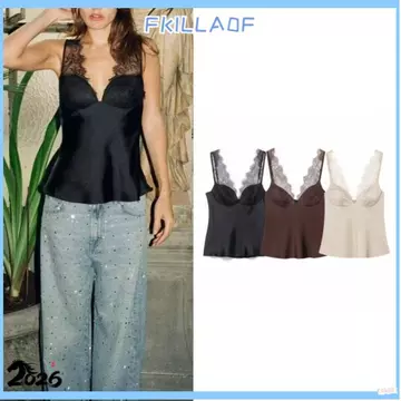 Áo ba lỗ nữ FKIL, Áo hai dây ren Satin cổ điển, Áo hai dây kiểu Pháp gợi cảm thời trang dành cho nữ