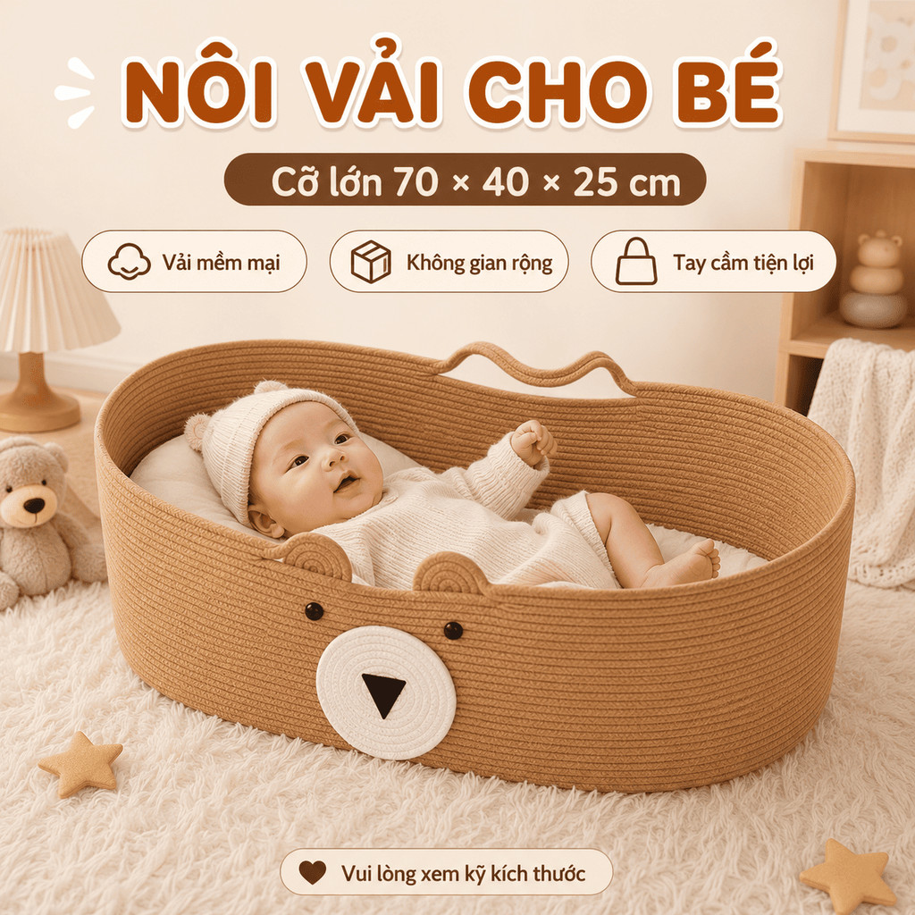 Nôi Ngủ Cho Bé Sơ Sinh M.M HOUSE 70x40x25cm Cỡ Lớn, Giỏ Vải Đa Năng Có Tay Cầm, Có/Không Đệm