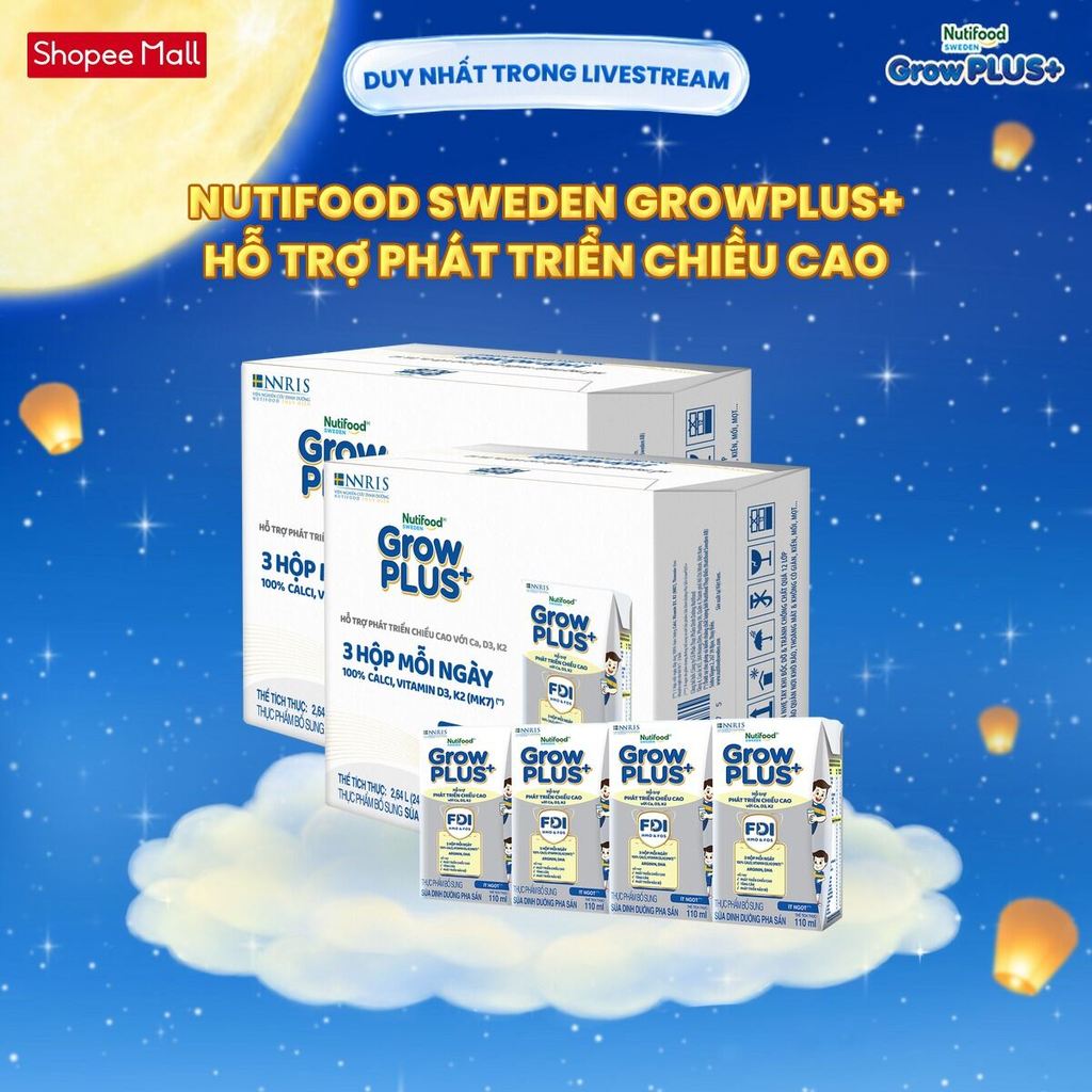 [Growplus x Hannah] Combo 2 Thùng 24 Hộp Sữa Bột Pha Sẵn Nutifood Sweden GrowPLUS+ Cao lớn vượt trội hộp 110 ml