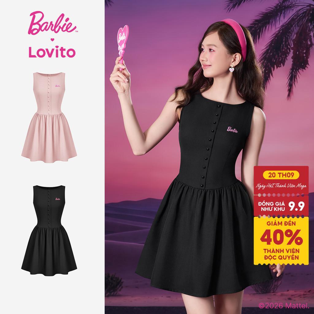 Barbie™ X Lovito Váy Đầm Nữ Mini Hồng Xuân/Hè Dáng A Nút Trước Thêu Họa Tiết Vai Trống LBL5AD011
