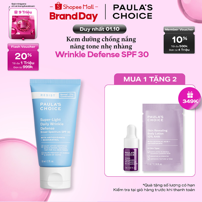 Kem chống nắng nâng tone cấp ẩm Paula's Choice Resist Super-Light Daily Wrinkle Defense Broad Spectrum SPF 30 60ml 7760