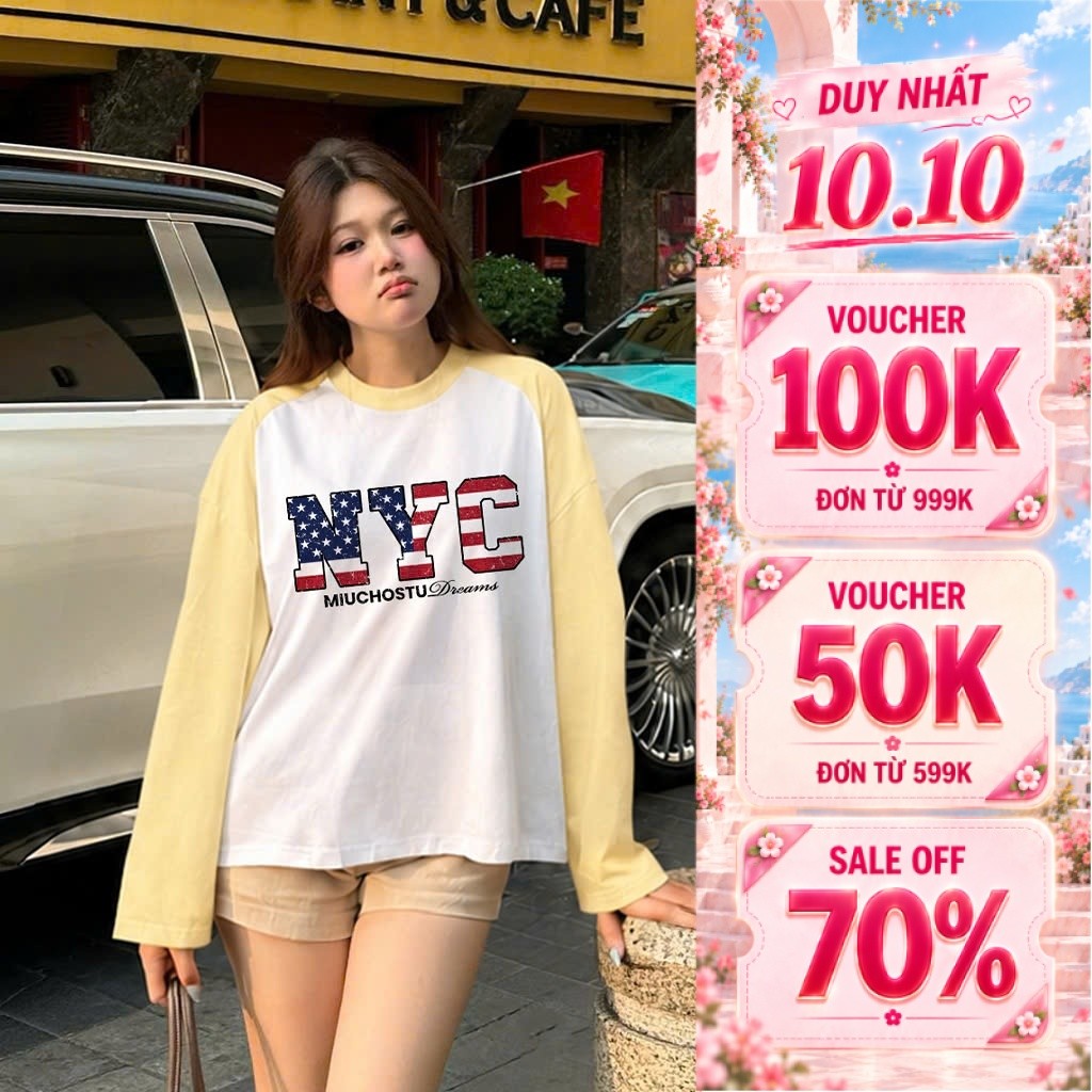 Áo thun boxy tay dài raglan BST hoạt hình phối chữ Hàn Quốc Miucho