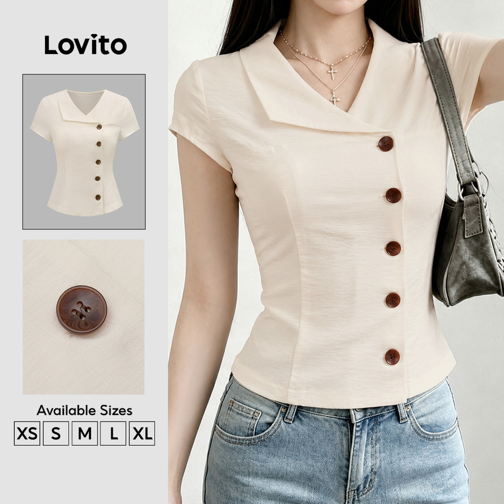 (New Arrival) Lovito Áo sơ mi nữ màu kaki nhạt thanh lịch cài nút trước dáng bất đối xứng mùa xuân/hè BLK9P1D471