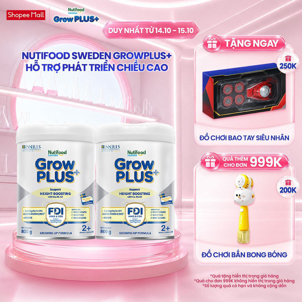 Combo 2 Sữa Bột Nutifood Sweden GrowPLUS+ Cao lớn vượt trội trên 2 tuổi (Bạc) 800g