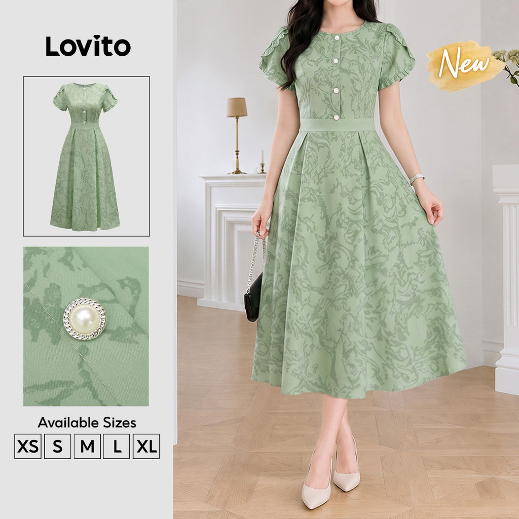 (New Arrival) Lovito Đầm nữ màu Xanh lá dáng chữ a dài Thanh lịch họa tiết Hoa thiết kế rũ viền bèo nhún phối màu mặc công sở mùa xuân hè DRB204P1D237