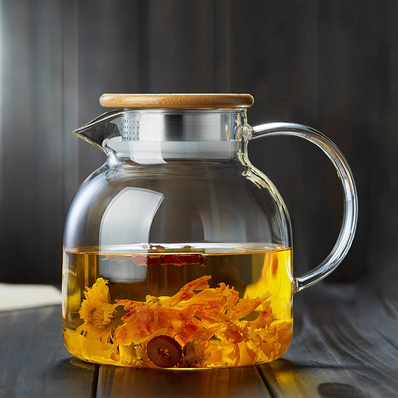 Ấm Siêu Tốc Lạnh Đơn Giản Dung Tích Lớn Thủy Tinh Borosilicate Cao Ấm Trà Hộ Gia Đình Tre Nắp Thép Thơm Trà Chịu Nhiệt Độ Cao Lạnh